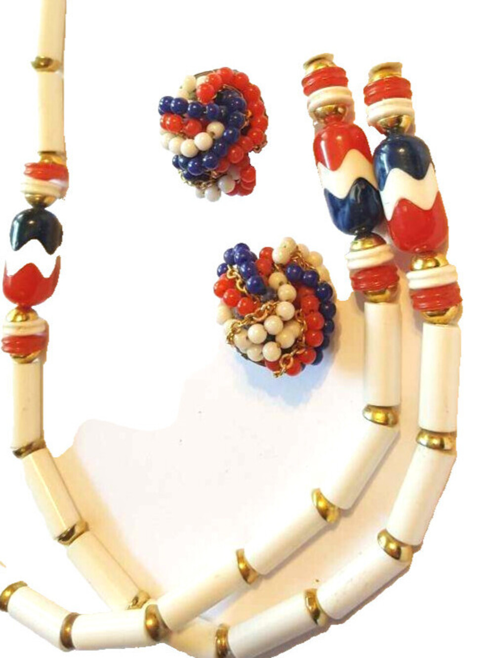 Vintage Necklace Earrings Jewelry Set- Red, White, Blue Lucite, 44" js-
